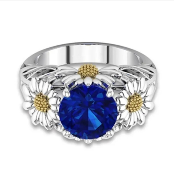 New Round Blue Cubic Zirconia Daisy Silver Ring. - Picture 3 of 8